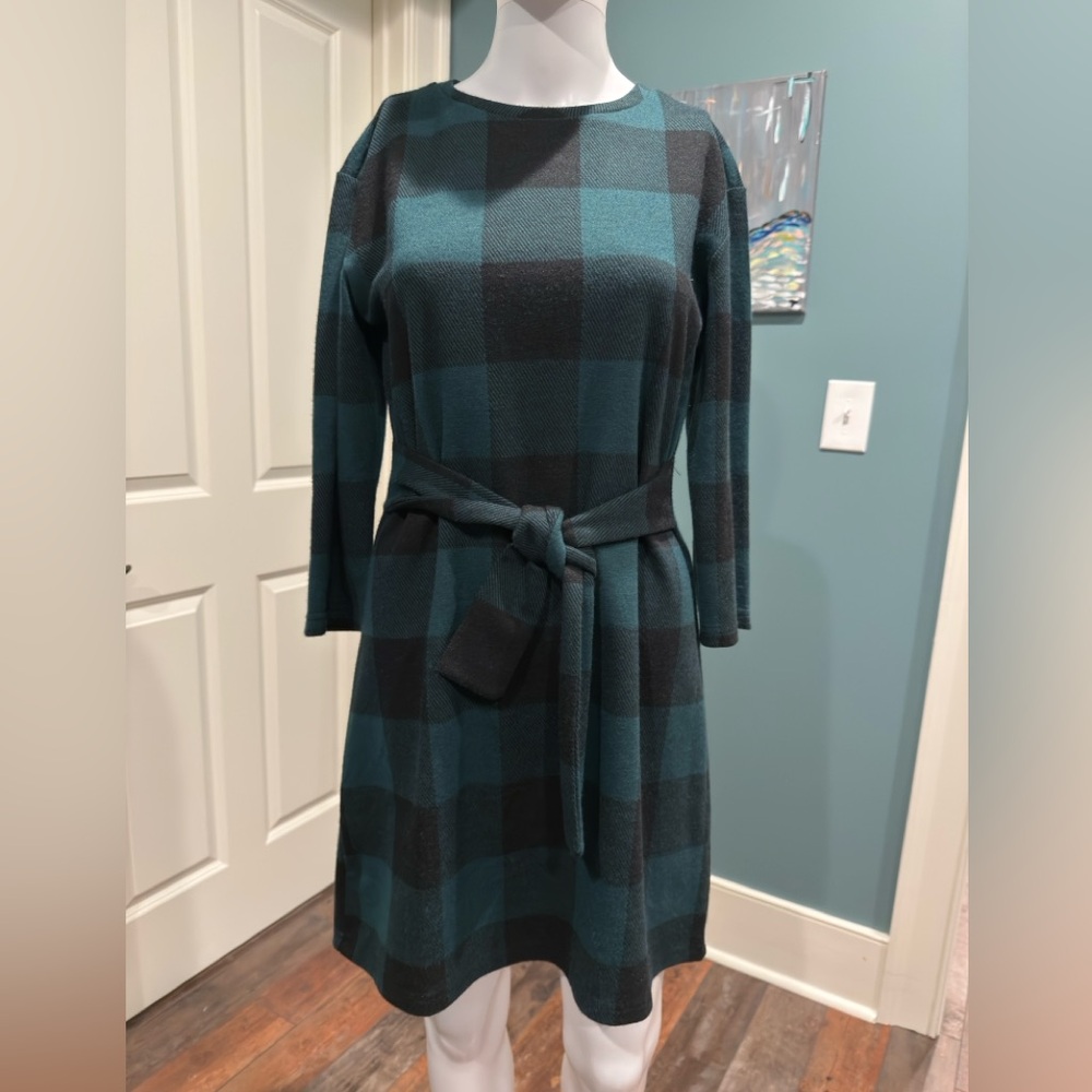 Steve Madden Green and Black Checkered Long Sleeve Dress